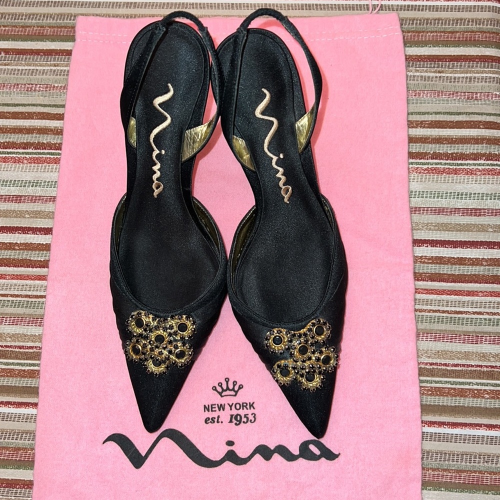 Nina Black Satin Jewelry Slingback Pumps with Gold Scrolled Heels (W/ Dust Bag)